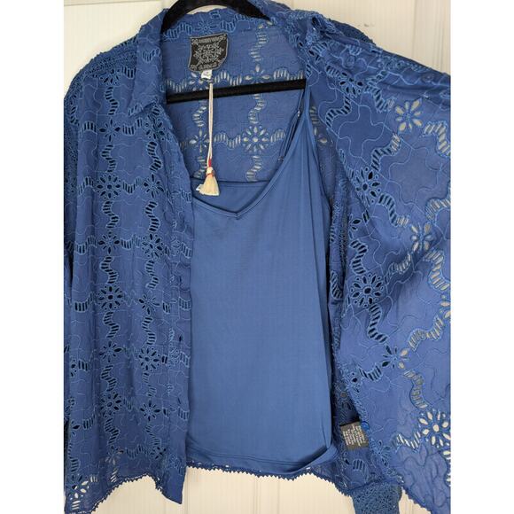Johnny Was Jade Marina Joy Rayon Shirt Blue Eyelet Button Down Long Sleeve - Picture 6 of 9